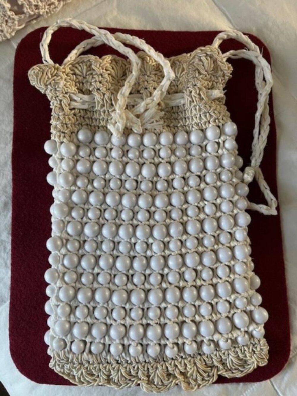 Beige Macrame & White Beaded Drawstring Hand Purse made in Italy/Sz10"x6"